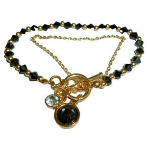 Vintage 7” Caged Rhinestone Charm Gold Tone Chain fceted Black Beaded Bracelet‎